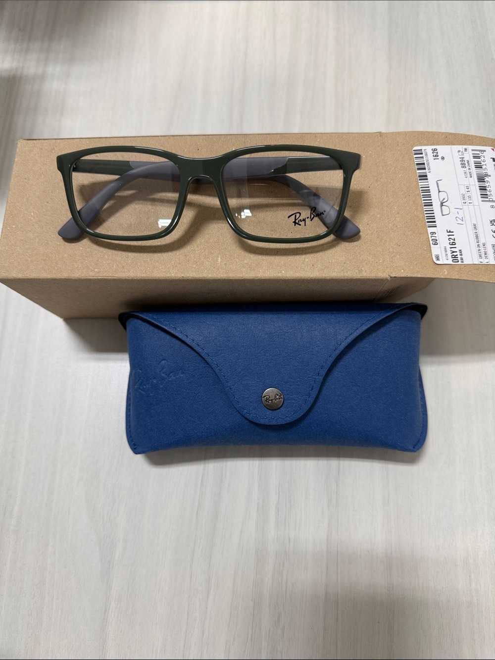 Ray-Ban rb1621F Olive Green Rectangular Glasses with Blue Case. Youth size.
